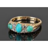 18 carat gold turquoise and diamond ring with three turquoise stones set among four diamond, ring