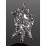 Silver plated head of Bacchus incense burner, with a loop handle at the top above the head of