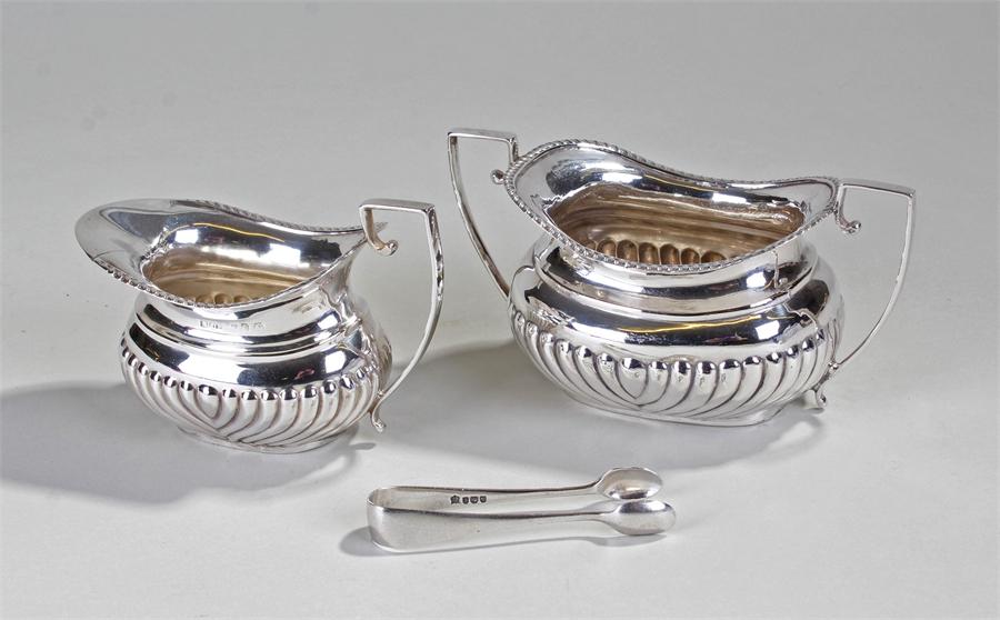 Victorian Silver sugar bowl and jug with tongs, Birmingham 1895, Minshull and Latimer, tongs,
