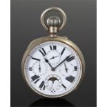 Goliath chrome pocket watch, the white enamel dial with Roman hours, subsidiary dials for months,