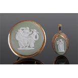 Wedgwood cameo jewellery, with a pale green ground and applied white classical figure decoration, to