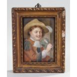 19th Century porcelain plaque of a gentleman drinking from a large glass, 10cm x 13cm including