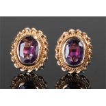 Pair of 9 carat gold and amethyst earrings with a rope twist border, 12mm high