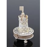 Victorian bone pin cushion of Dover castle. The tower with internal tape measure, with a pin cushion