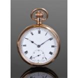 Zenith gold plated open face pocket watch, the white enamel dial with Roman hours, subsidiary