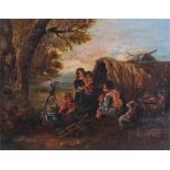 Thomas Smythe (1826-1906) Gypsy encampment with a portly man playing an instrument, signed oil on
