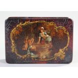 19th Century papier mache box. The lid decorated with a lady by a well, three compartments to the