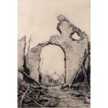 Dry point etching of a First World war scene, an archway with fallen soldiers, initialled M.H. 1918,