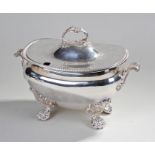 Silver plated tureen. The acanthus leaf handle with domed lid, a pair of scroll handles to each side