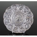 Oriental white metal dish, embossed with animals, fruits and flowers, 16cm wide, 3.9oz