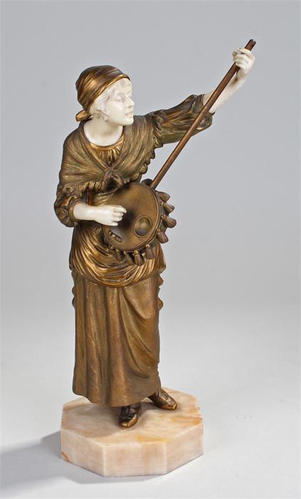 Dominique De Alonzo Austrian gilt bronze and ivory figure (circa 1920) of a woman playing a