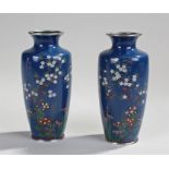 Pair of Japanese early 20th Century cloisonné vases, the blue ground with foliate decoration, 16cm