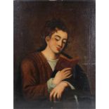 18th Century school, lady reading, unsigned oil on canvas, 57cm x 73cm, unframed