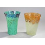 Two 20th Century Scottish glass vases, the first in mottled green with a blue lip, 21cm high,