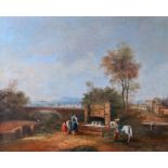 Italian school (19th Century), figures by a well, townscape in the distance, oil on canvas, 49cm x