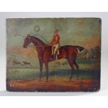 19th Century naive English school, jockey up with a race in the background, unsigned, oil on