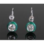 Pair of white metal jade and diamond set earrings, each earring with two diamonds of which the