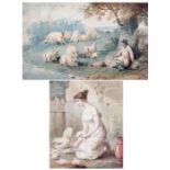 19th Century English school, a lady feeding a bird and chicks, watercolour, together with a