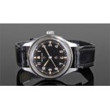 Hamilton military stainless steel wristwatch. The black dial, illuminated batons and Arabic numerals