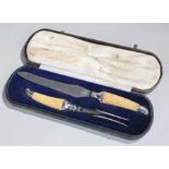 Victorian carving set, Sheffield 1896, maker GH, the ivory barley twist handle with shell mount with