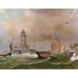 H Baines, 19th Century English primitive Seascape with a lighthouse, signed oil on canvas, the