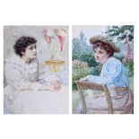 G Brown English school pair of 19th Century watercolours of young women, dated 1895, 24cm x 33cm