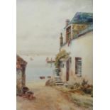 Frederick Parr, street with a cottage and river in the background, signed watercolour, 38cm x 53cm