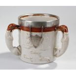 Victorian Radley College interest pottery tyg with three hound handles, with hounds and figures
