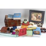 Walnut writing slope, together with a glass rolling pin, coins, books, binoculars, ambrotypes, two