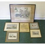 Mixed pictures, to include an etching by Wolf, a map of Oxfordshire and further prints