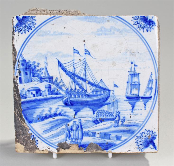 18th Century Delft tile, from Bawdsey Manor, the blue and white tile with a shipping scene, 12cm x