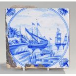 18th Century Delft tile, from Bawdsey Manor, the blue and white tile with a shipping scene, 12cm x