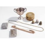 Silver trophy, together with thimbles, a pot, Paris vesta, book vesta and chains, (qty)