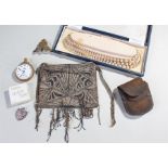 Mixed lot to include a purse, a watch, a cap badge, an openface pocket watch and a set of cased