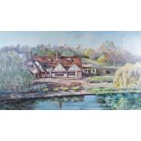 I Marham, house by a river, signed oil on canvas, 106cm x 60cm