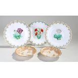 Two Royal Worcester dishes, decorated with butterflies, 15cm wide, together with three botanical