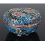 Enamelled bowl and cover, the fret pierced top with foliate decoration, the base with a blue