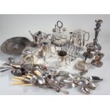 Silver plated wares, to include flatware, tea service, a dish, candlesticks, etc, (qty)