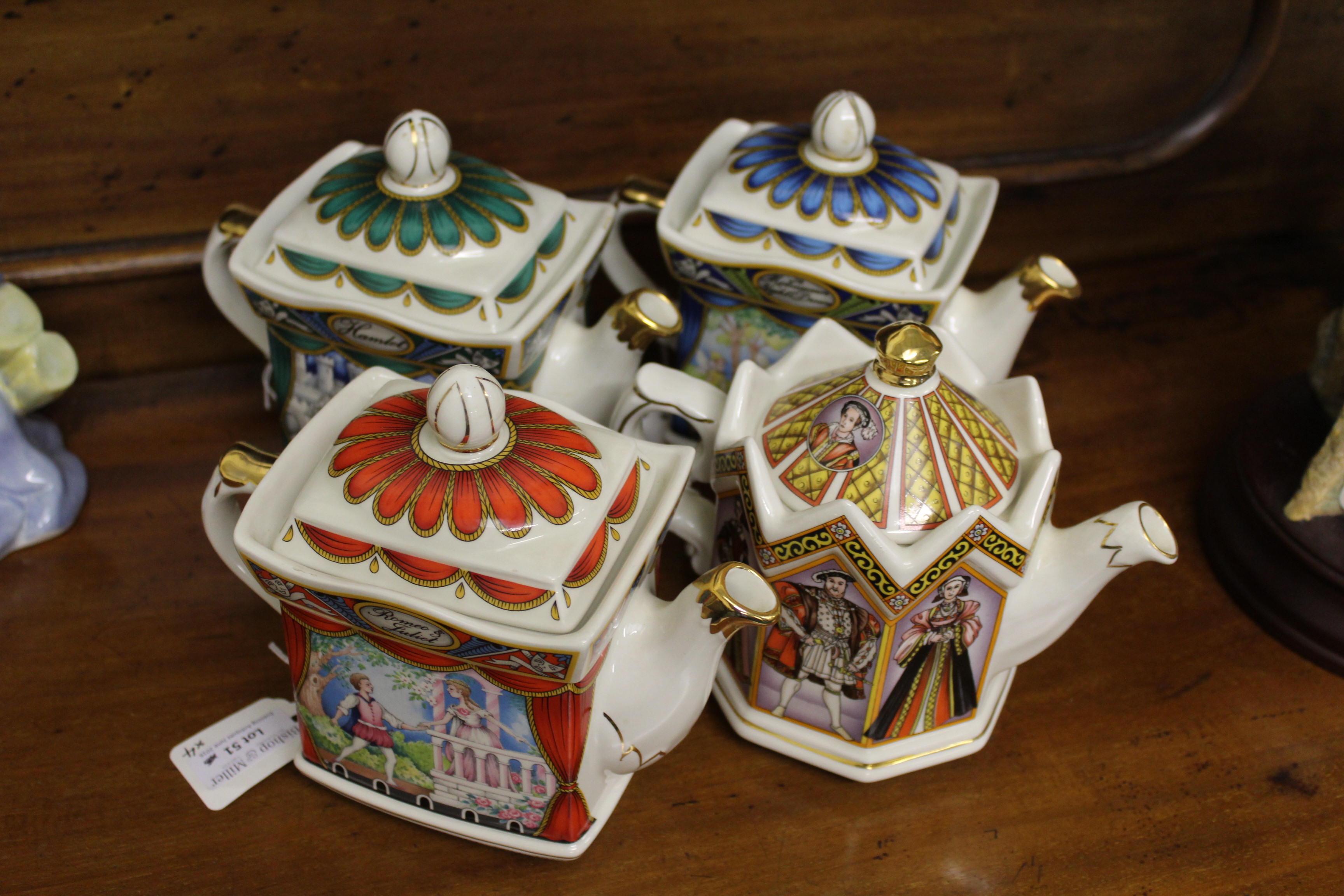 Four Sadler Staffordshire novelty teapots including; A Midsummer Night's Dream, Romeo & Juliet,