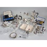 Mixed silver plated wares, to include a coffee pot, tea pot, dishes, flatware, butter dish, etc, (