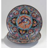 Two Chinese cloisonné chargers with a fighting cockerel to the centre, geometric design to the