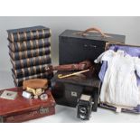 Mixed lot, to include a case, gown, coromandel box, Radio, set of encyclopeadia and a leather case