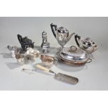 Silver plated wares, to include a sifter, tea pots and jugs, crumb scoop, etc, (qty)