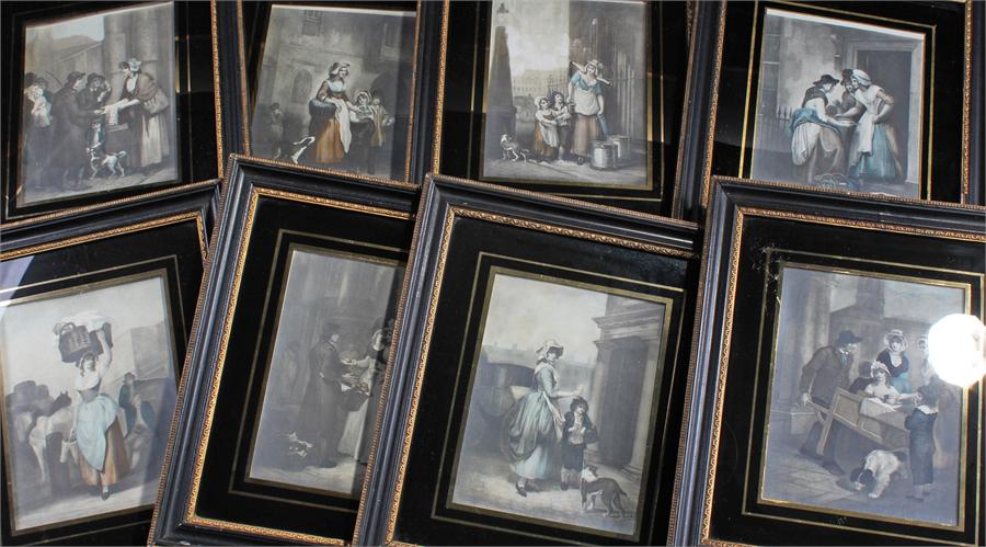 Set of eight Cries of London prints, within black glass and gilt mount, black and gilt frames, (12)