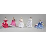 Five Royal Doulton lady figures including; Winsome (HN 2220), Elyse (HN 2429), Christine (HN