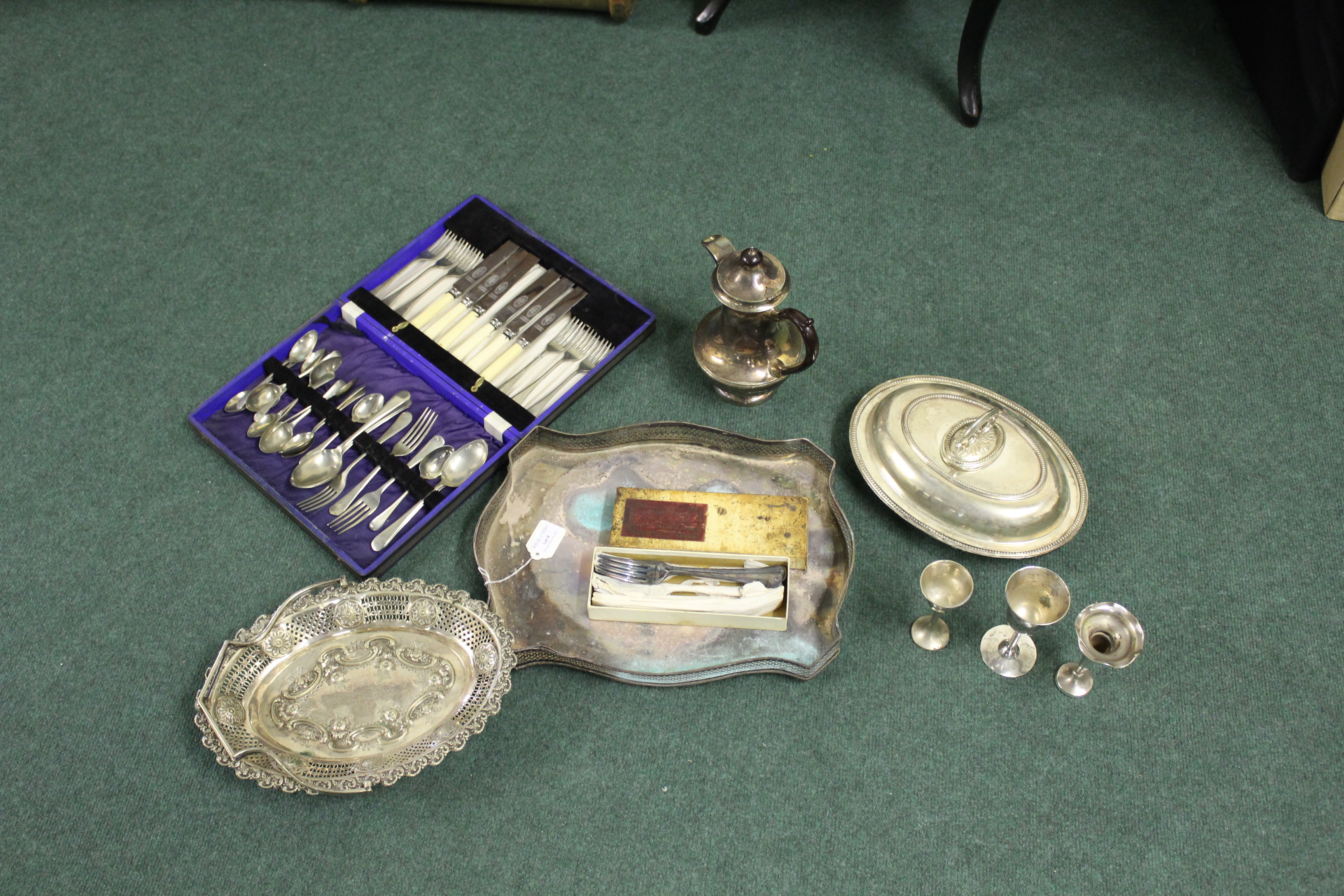 Silver plated wares, to include a tray, flatware, cups, dishes, etc, (qty)