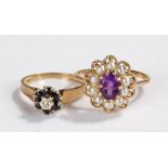 Two 9 carat gold rings, amethyst and pearl together with a sapphire example, (2)