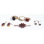 Assorted gold jewellery to include: a pair of amethyst earrings, a pair of sapphire earrings, two