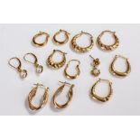 Mixed gold earrings, various sets with two single examples, total weight 9.2 grams