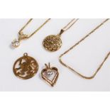 9 carat gold jewellery, to include two necklaces and four pendants, total weight 12.7 grams